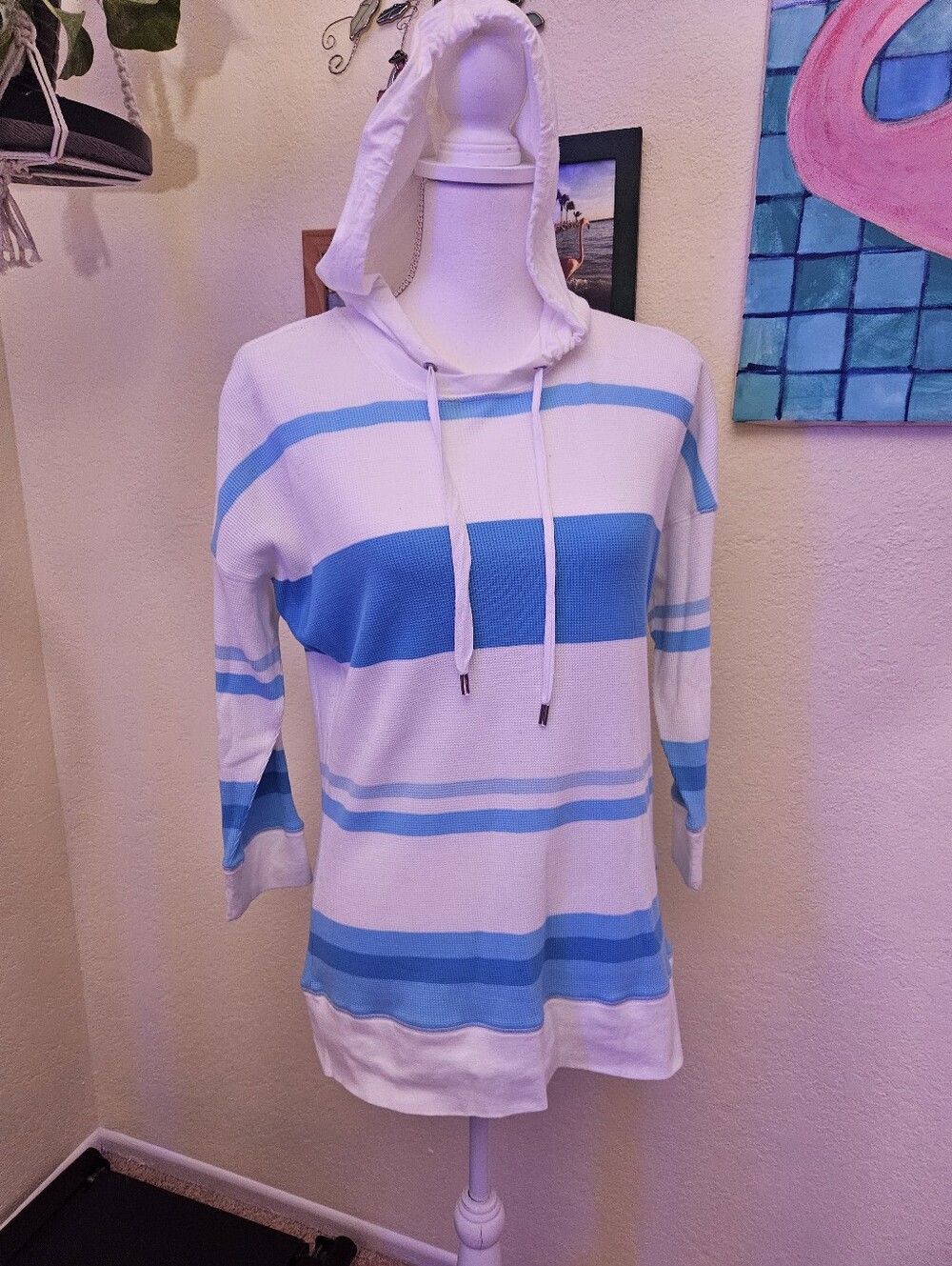 Ralph Laurwb White & Sky Blue Striped Hoodie Knit Top Sz L